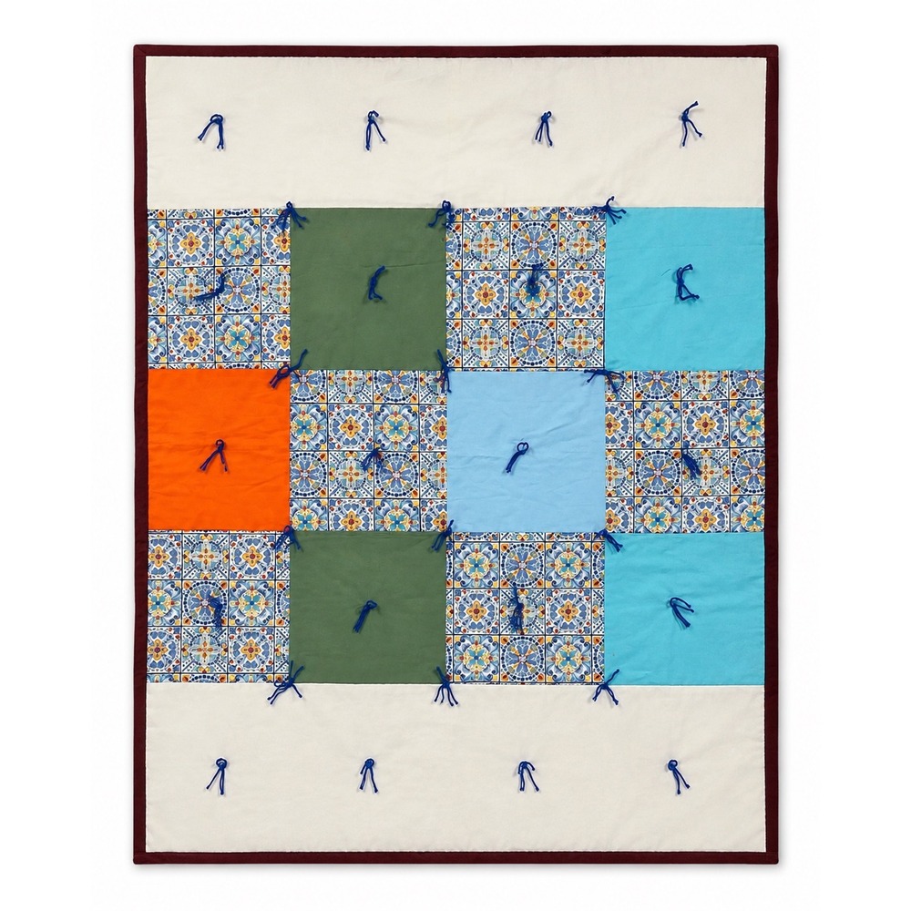 Handmade Patchwork Tied Quilt Mediterranean Tile Print Multi Color Throw Blanket
